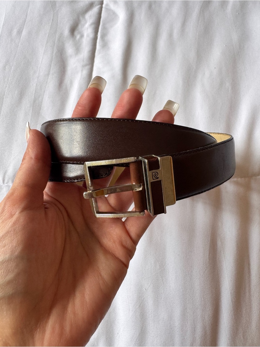 Men's Pierre Cardin Brown Leather Belt with Silver Buckle